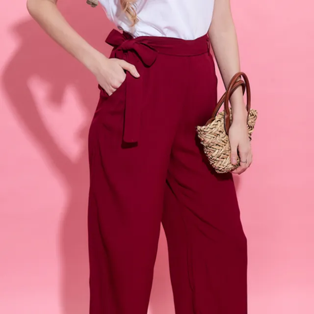 【ICHE 衣哲】Cop.Copine 法國原裝進口簡約綁帶中高腰直筒寬褲