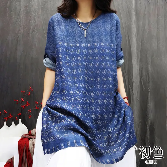 【初色】棉麻風輕薄印花圓領短袖中大碼T恤上衣女上衣-藍色-12676(M-2XL可選)