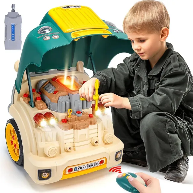 【CuteStone】兒童家家酒工程車 會發光的引擎！仿真卡車維修組(含遙控車鑰匙/LED大燈/引擎聲效/生日禮物)
