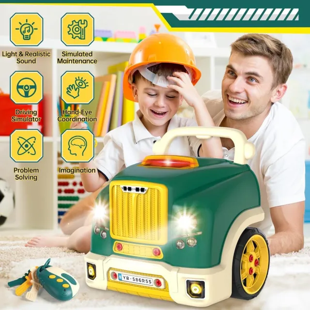 【CuteStone】兒童家家酒工程車 會發光的引擎！仿真卡車維修組(含遙控車鑰匙/LED大燈/引擎聲效/生日禮物)