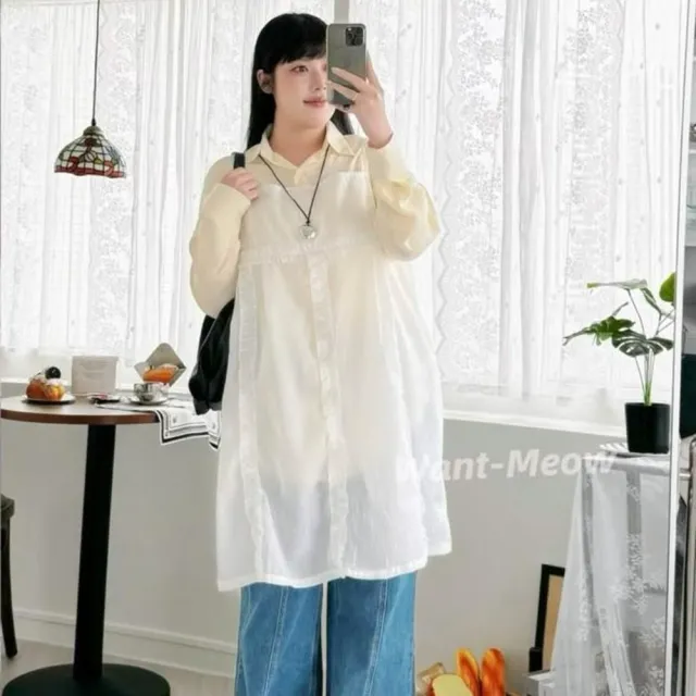 【Want-Meow】90公斤可穿日系中長版下木耳透膚雪紡背心多層次穿搭(大碼上衣/大碼/大尺碼/雪紡背心)