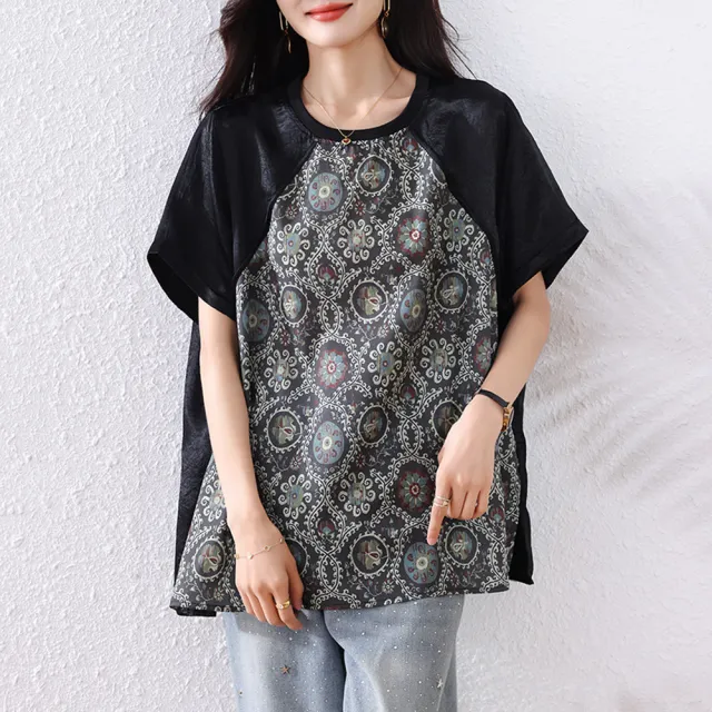 【ALLK 歐楷】新品 印花拼接長版上衣 圖片色(尺寸L-XXL/中大尺碼/涼爽/透氣)