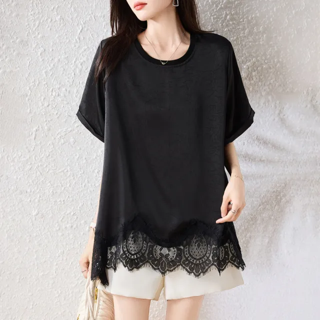 【ALLK 歐楷】新品 拼接長版上衣 黑色(尺寸L-XXL/中大尺碼/涼爽/透氣)