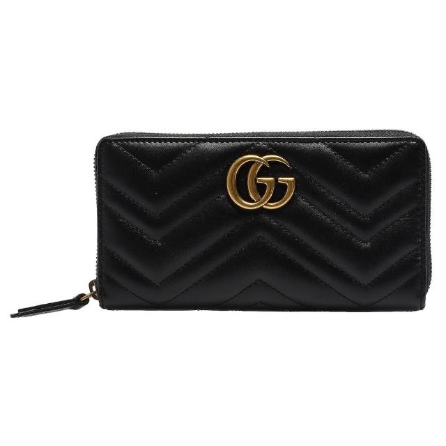 【GUCCI 古馳】Marmont仿舊金色雙G LOGO V字車紋拉鍊長夾(黑色_12卡443123-DRW1T-1000)