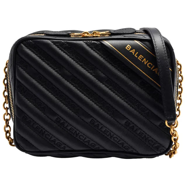 【Balenciaga 巴黎世家】Blanket Reporter XS皮革金色品牌字母浮雕小牛皮拉鍊斜背包(黑502026-0HIA4-1000)