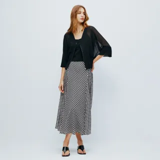 【MOMA】簡約 M+ 黑白棋盤格雪紡A字傘襬長裙(黑底花布)