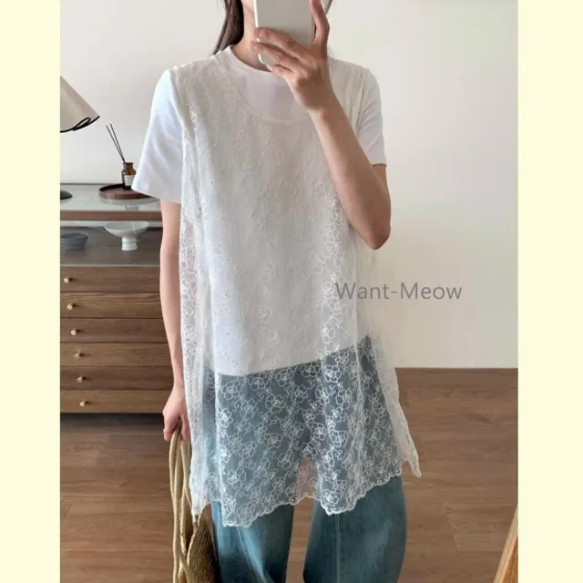 【Want-Meow】90公斤可穿日系寬肩帶雕花中長背心多層次穿搭(大碼上衣/大碼/大尺碼/背心)