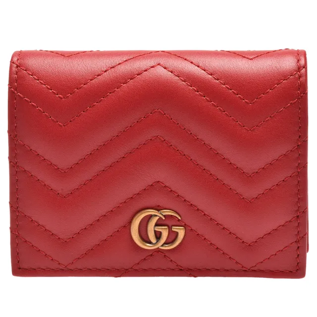 【GUCCI 古馳】GG Marmont matelasse系列絎縫紋牛皮金屬雙G LOGO暗釦卡夾/零錢包(芙蓉紅466492-DRW1T-6433)