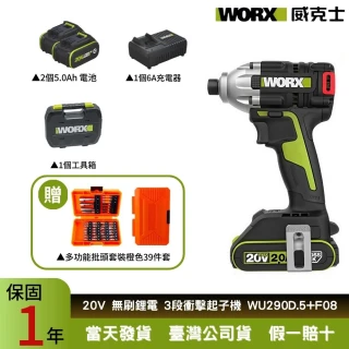 【WORX 威克士】20V 230Nm  無刷鋰電衝擊起子機WU290D.5+F08(衝擊起子機 電動扳手 電動起子 衝擊扳手)
