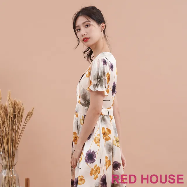 【RED HOUSE 蕾赫斯】氣質花朵V領緞面洋裝(米白色)