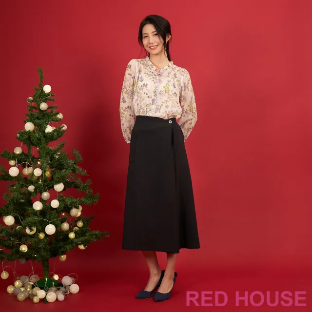 【RED HOUSE 蕾赫斯】時髦不對稱造型素面寬褲(黑色)