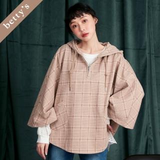 【betty’s 貝蒂思】出清品 格紋拉鍊抽繩連帽披肩上衣(駝色)
