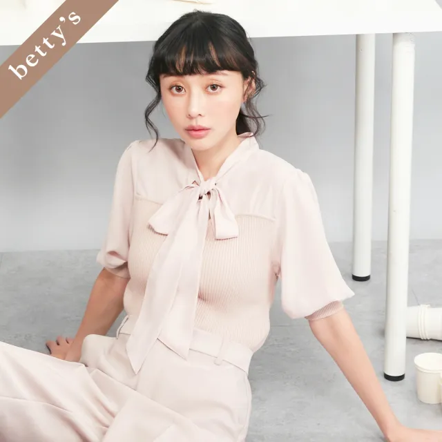 【betty’s 貝蒂思】出清品  領口綁帶雪紡拼接針織上衣(粉膚色)