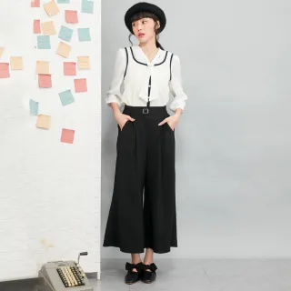 【betty’s 貝蒂思】裝飾腰帶壓褶雪紡寬褲(黑色)