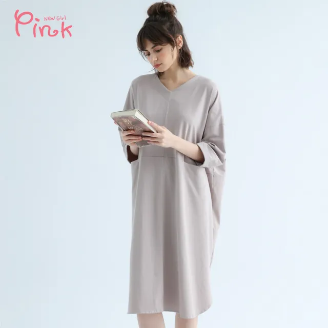 【PINK NEW GIRL】日系高棉寬鬆七分袖洋裝 X1103LB(2色)