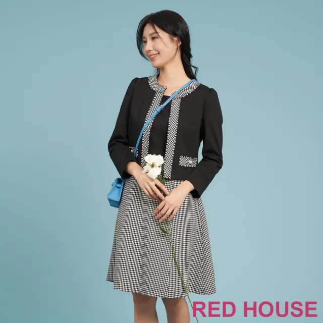 【RED HOUSE 蕾赫斯】千鳥格拼接小香風外套(黑色)
