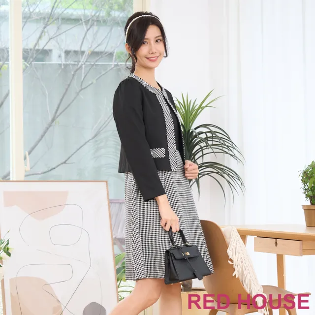 【RED HOUSE 蕾赫斯】千鳥格拼接小香風外套(黑色)