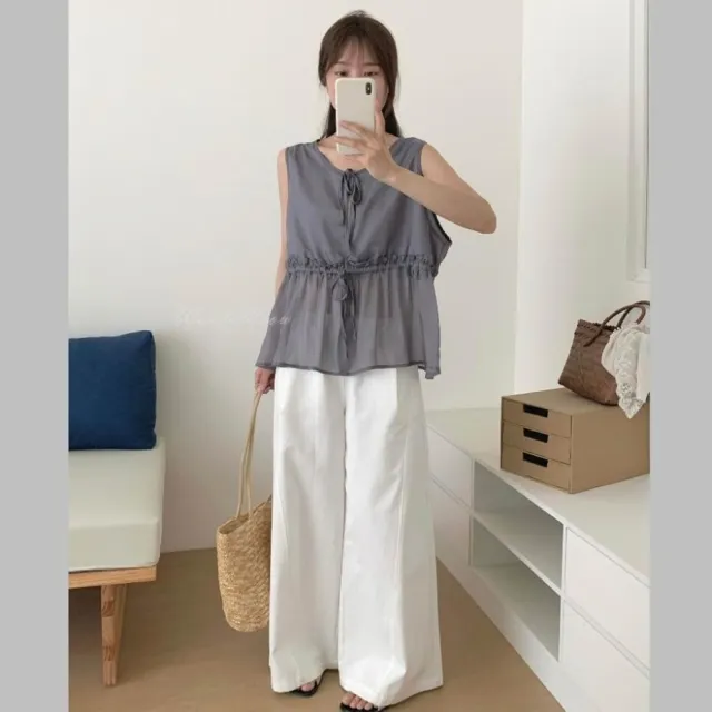 【Want-Meow】95公斤質感透膚日系綁帶雪紡背心多層次穿搭(大碼上衣/大碼/大尺碼/背心)