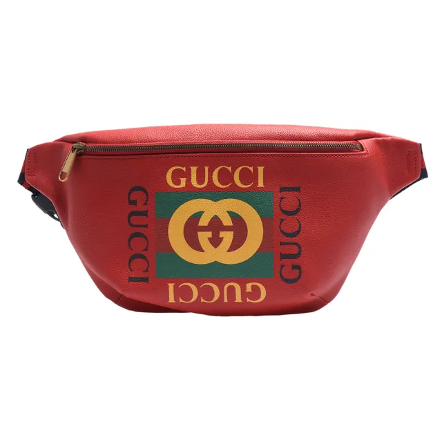 【GUCCI 古馳】復古風格的圖案小牛皮藍紅藍織帶腰包/斜背包(紅493869-0GDCT-6463)（其他規格）