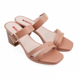 【A.S.O 阿瘦集團】BESO LADY GO系列-柔軟羊皮條帶方頭氣質中跟拖鞋(女鞋_粉橘色)