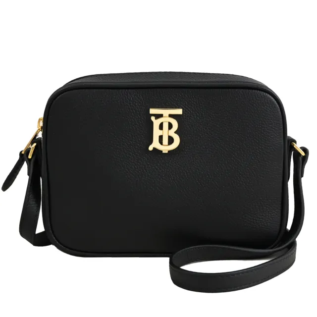 【BURBERRY 巴寶莉】簡約金屬TB LOGO小牛皮方包相機包斜背包(黑)