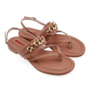 【A.S.O 阿瘦集團】BESO 芯軟Q系列-質感羊皮鍊條厚軟墊平底夾腳涼鞋(女鞋_粉橘色)