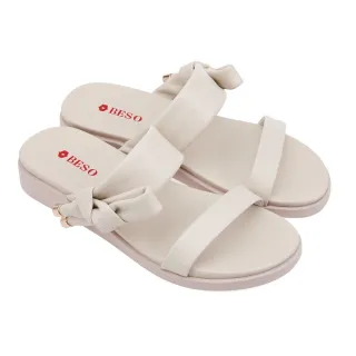 【A.S.O 阿瘦集團】BESO 芯軟Q系列-柔軟羊皮一字條帶側邊結平底拖鞋(女鞋_米色)