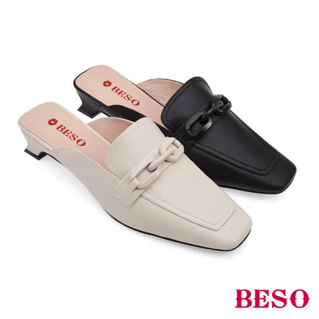 【A.S.O 阿瘦集團】BESO 芯軟Q系列-柔軟羊皮烤漆飾釦低跟樂福穆勒鞋(女鞋_黑色)