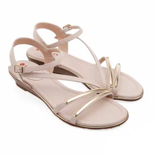 【A.S.O 阿瘦集團】BESO 芯軟Q系列-柔軟牛皮金屬條帶楔型涼鞋(女鞋_米色)