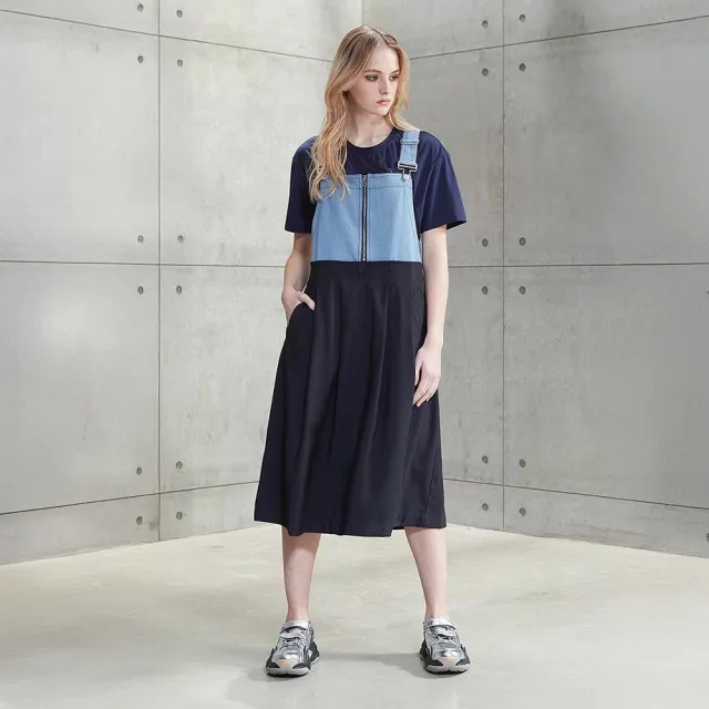 【ICHE 衣哲】Cop.Copine 法國原裝進口牛仔拼接吊帶長裙