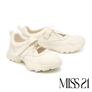 【MISS 21】星星球場魔鬼氈寬帶異材質厚底休閒鞋(米)