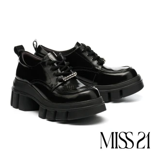 【MISS 21】叛逆反骨鍊條牛油皮綁帶大頭厚底鞋(黑)