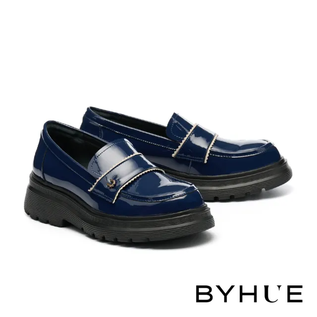 【BYHUE】純欲學院風U字釦寬帶異材質軟芯微Q底樂福厚底鞋(藍)