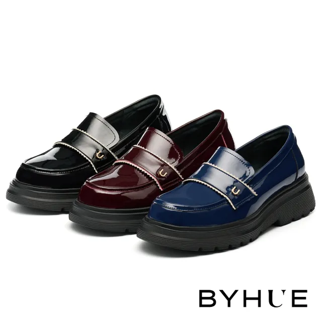 【BYHUE】純欲學院風U字釦寬帶異材質軟芯微Q底樂福厚底鞋(紅)