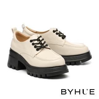 【BYHUE】簡約紳士純色牛油皮綁帶軟芯厚底鞋(白)