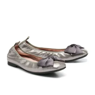 【MELROSE】美樂斯 優雅氣質紗網蝴蝶結異材質方頭Q軟娃娃平底鞋(銀)