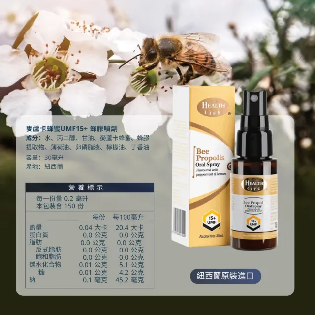 【Health Life】紐西蘭無酒精麥蘆卡蜂蜜UMF15+蜂膠噴霧 30ml(蜂膠)