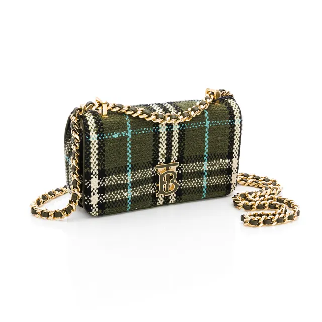 【BURBERRY 巴寶莉】Mini Lola格紋圈紗 斜背包(橄欖綠混色)
