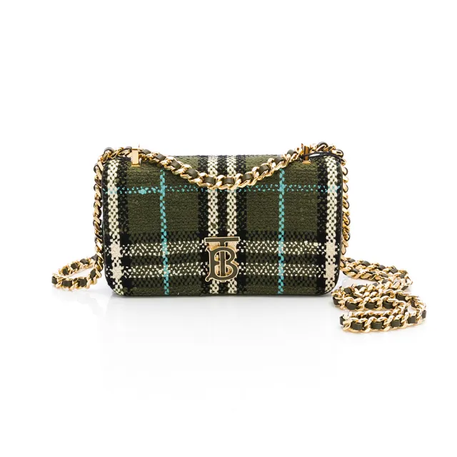 【BURBERRY 巴寶莉】Mini Lola格紋圈紗 斜背包(橄欖綠混色)