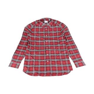 【BURBERRY 巴寶莉】BURBERRY 內裡字母LOGO拼色格紋棉質鈕釦長袖襯衫(男款/紅)
