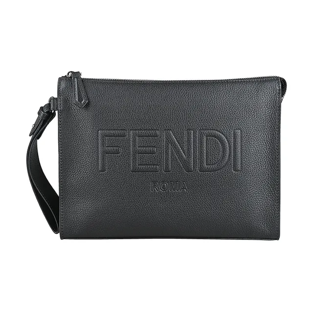 【FENDI 芬迪】FENDI ROMA 壓印字母LOGO荔枝紋設計小牛皮6卡拉鍊手拿包(黑)