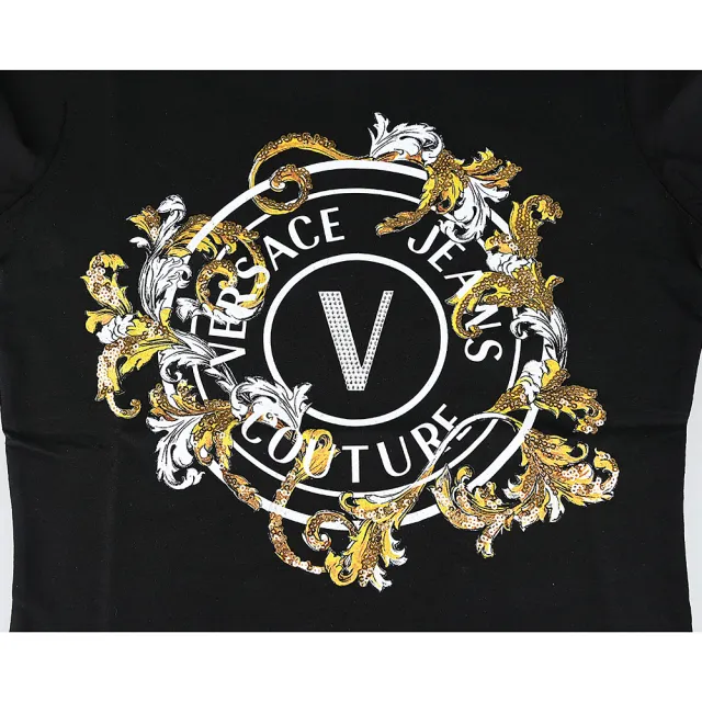 【VERSACE 凡賽斯】VERSACE JEANS COUTURE亮片藝術花紋搭圓圈設計棉質混紡修身短袖T恤(女款/黑)