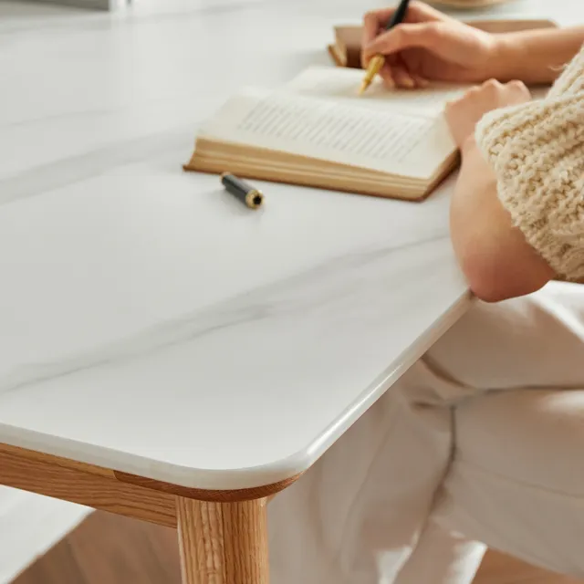 【hoi! 好好生活】YW雲岩橡木實木斜腳岩板餐桌1.4M 原木色 Y54R09