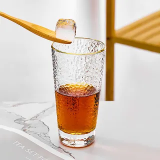 【hoi! 好好生活】金邊V型錘紋玻璃水杯 335ml 高款