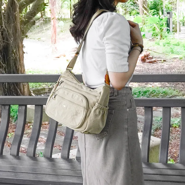 【OMC】雙11 輕盈紙感橢圓袋多隔層側背斜背包33601(淺杏色)