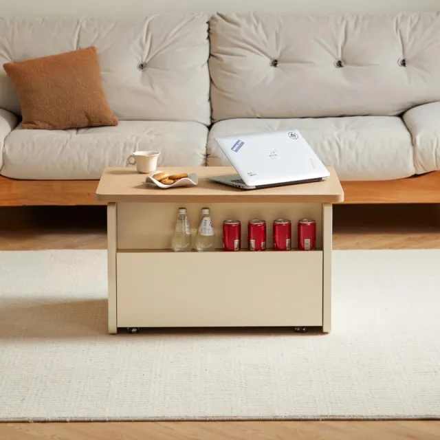 【hoi! 好好生活】Linsy北歐簡約拼色移動升降茶几0.76M 原木色+白色 UT3L