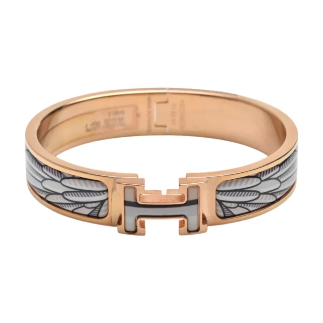 【Hermes 愛馬仕】經典Clic H LOGO翅膀圖騰琺瑯細版手環(白/玫瑰金H701312F-WHI-ROSE)