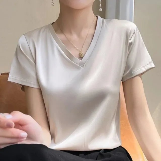 【巴黎精品】頂級法式緞面襯衫絲質上衣名媛絲綢冰絲絲質背心(寬鬆V領純色女素色T恤5色n1ep19)