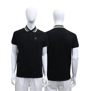 【BOSS】BOSS 橡膠LOGO條紋領子三釦設計棉質混紡短袖POLO衫(男款/黑)