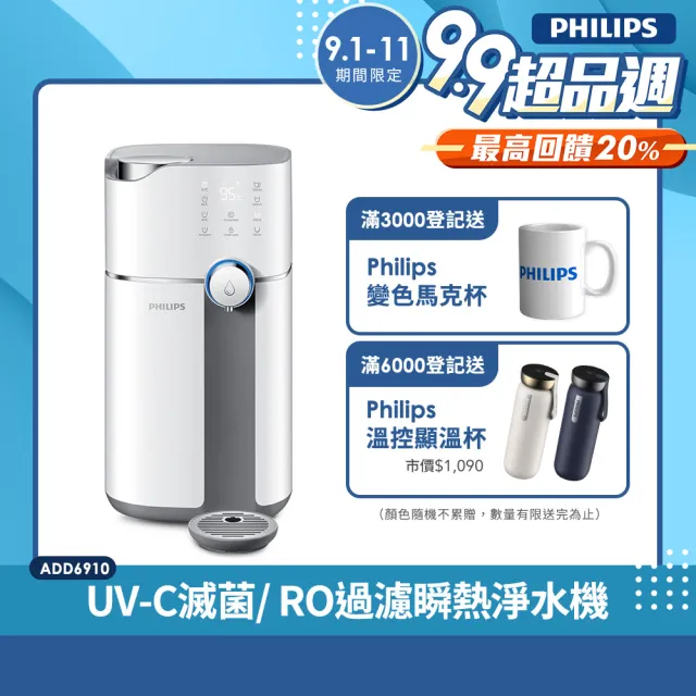 【Philips 飛利浦】智能雙效UV-C滅菌/RO過濾瞬熱淨水機(ADD6910主機內含濾芯)